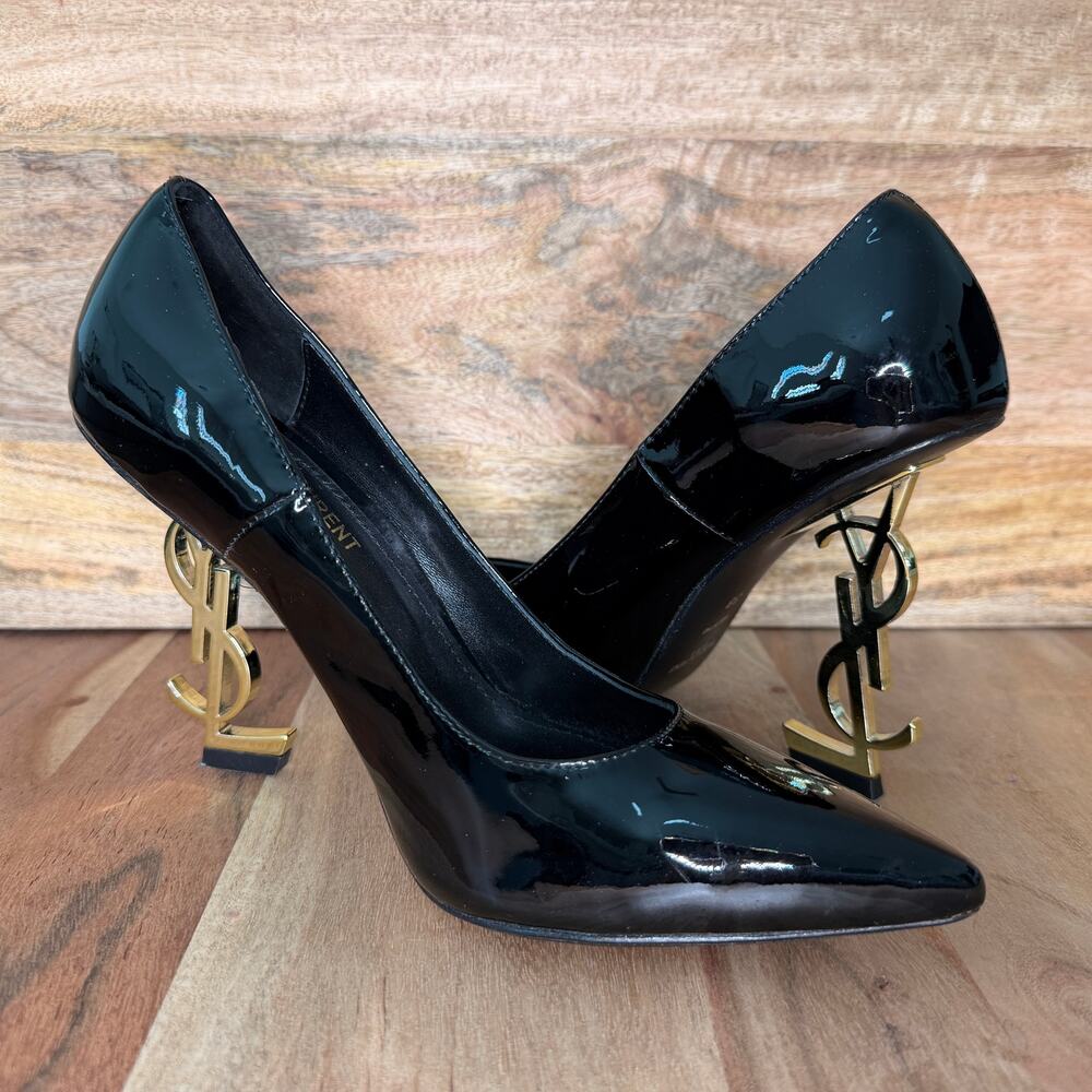 Saint Laurent 38 / 8 Opyum 110mm Patent Black 4.3" Gold Tone YSL Logo Heel Pumps